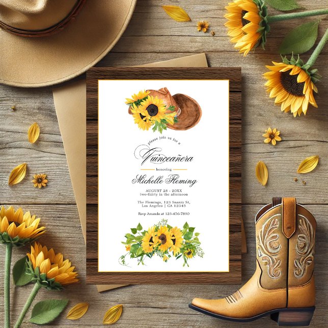Invitation Aquarelle Tournesol Rustique Ouest Quinceañera (Watercolor Sunflower Rustic Western Quinceañera Invitation)