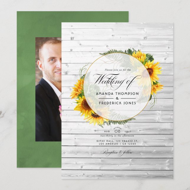 Invitation Aquarelle tournesol rustique Pays Mariage de grang (Devant / Derrière)