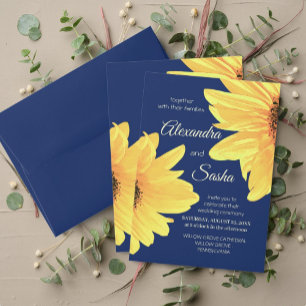 Invitation Aquarelle tournesols bleu foncé minimaliste Mariag