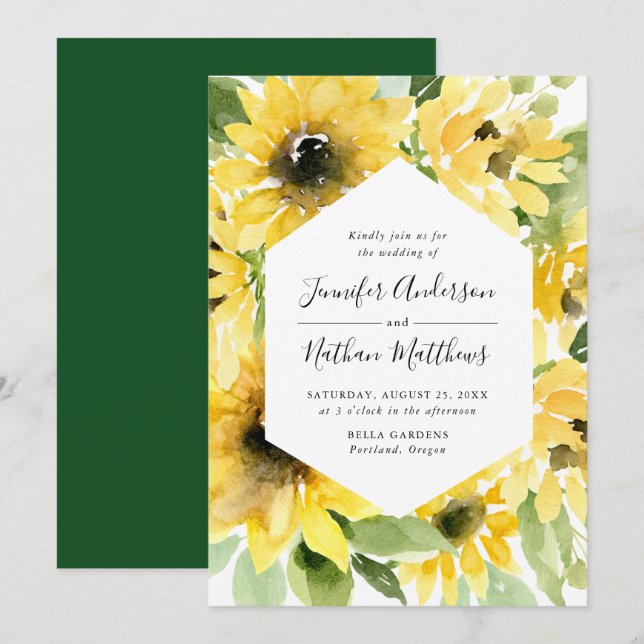 Invitation Aquarelle Tournesols Cadre Floral | Mariage (Devant / Derrière)