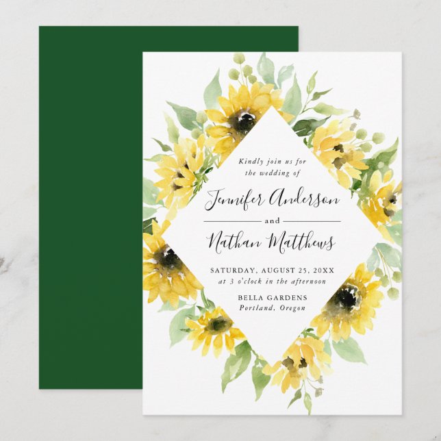 Invitation Aquarelle Tournesols Cadre Floral | Mariage (Devant / Derrière)