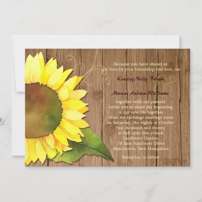 Invitation Aquarelle tournesols Mariage rural (Devant)