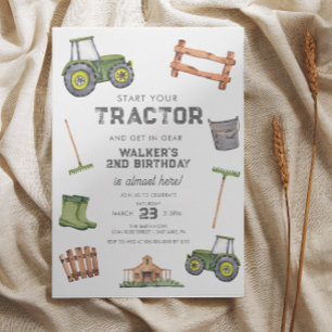 Invitation Aquarelle Tracteur vert 2e anniversaire