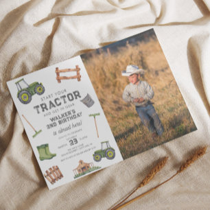 Invitation Aquarelle Tracteur vert Photo 2e anniversaire