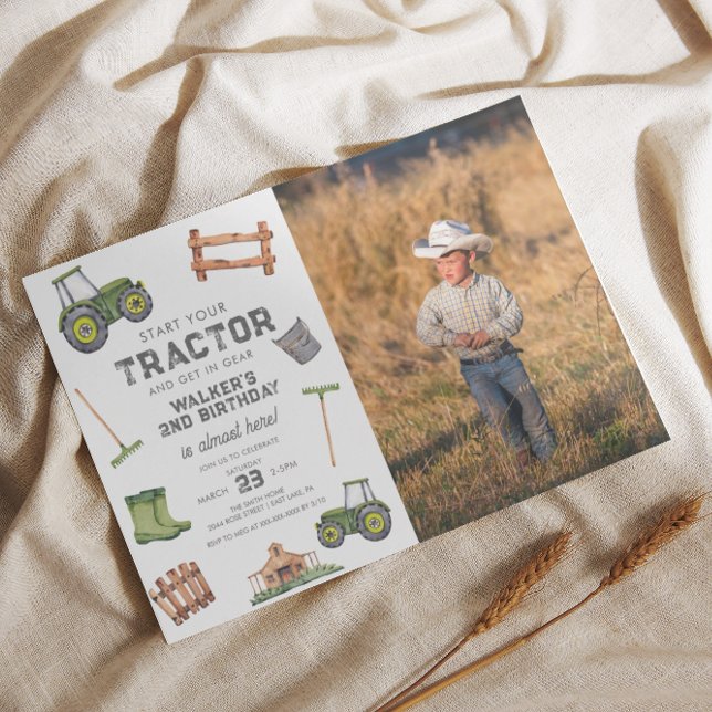 Invitation Aquarelle Tracteur vert Photo 2e anniversaire (Créateur téléchargé)