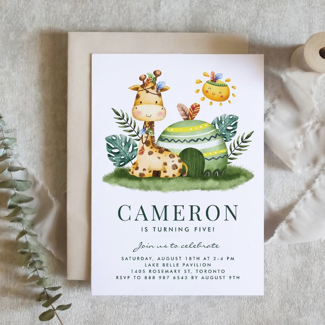 Invitation Aquarelle Tribal Giraffe Safari Thème Anniversaire (Safari theme kids birthday invitation featuring watercolor giraffe and tribal accents. )