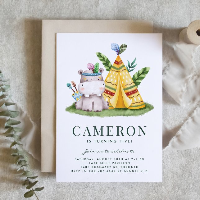 Invitation Aquarelle Tribal Hippo Safari Thème Anniversaire (This birthday invitation features a watercolor hippo with tribal details, perfect for jungle parties)