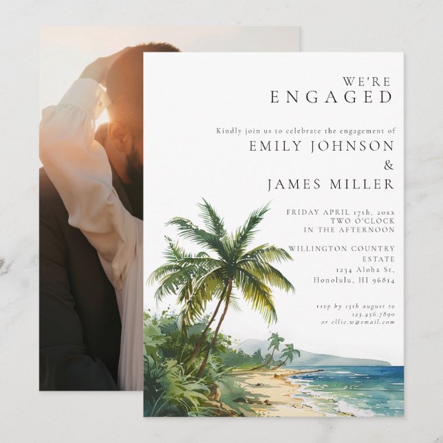 Invitation Aquarelle Tropical Beach Engagement Party Photo (Devant / Derrière)