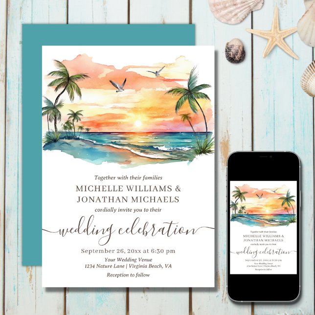 Invitation Aquarelle Tropical Beach Sunset Mariage (Printed (Front and Back) and Digital - Tropical Beach Palm Trees Destination Wedding Invitation)