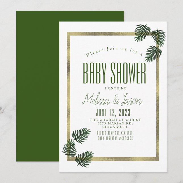 Invitation Aquarelle Tropical Botanic Foil Palm Baby shower (Devant / Derrière)