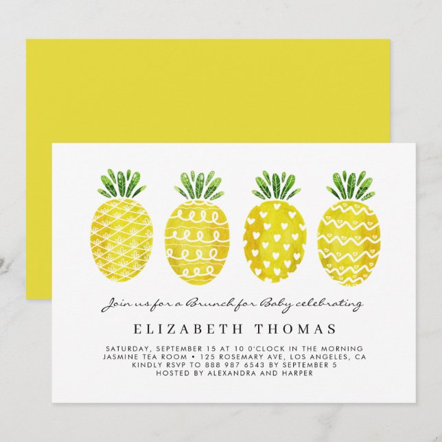 Invitation Aquarelle Tropical Cute Ananas Baby Brunch (Devant / Derrière)