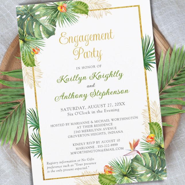 Invitation Aquarelle Tropical Engagement Party Floral Gold (Créateur téléchargé)
