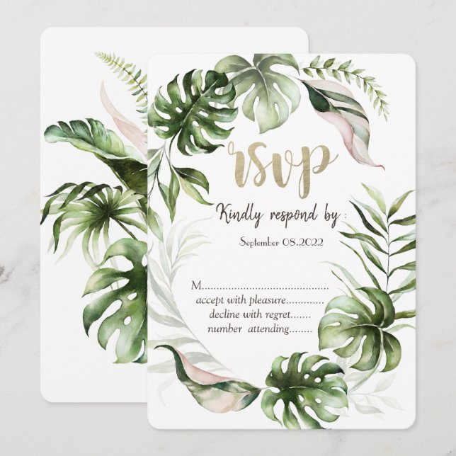Invitation Aquarelle Tropical Feuille Verdure RSVP (Devant / Derrière)