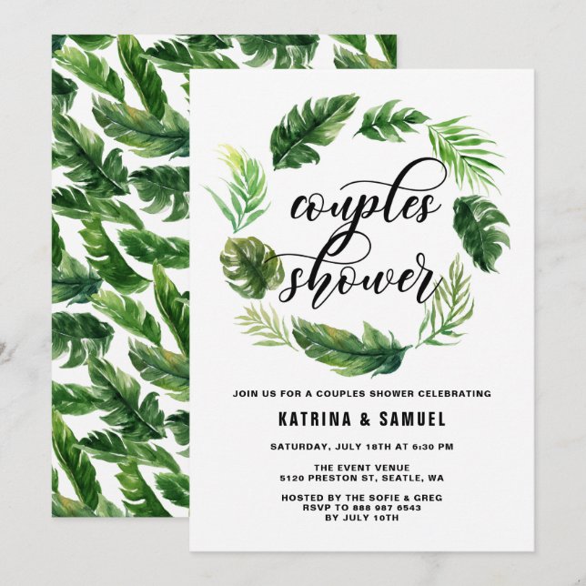 Invitation Aquarelle Tropical Feuilles Wreath Couples Douche (Devant / Derrière)