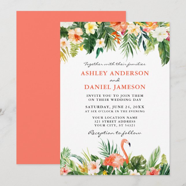 Invitation Aquarelle Tropical Floral Flamant rose Mariage Cor (Devant / Derrière)