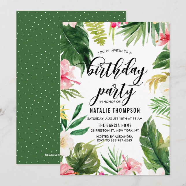 Invitation Aquarelle Tropical Floral Frame Anniversaire (Devant / Derrière)
