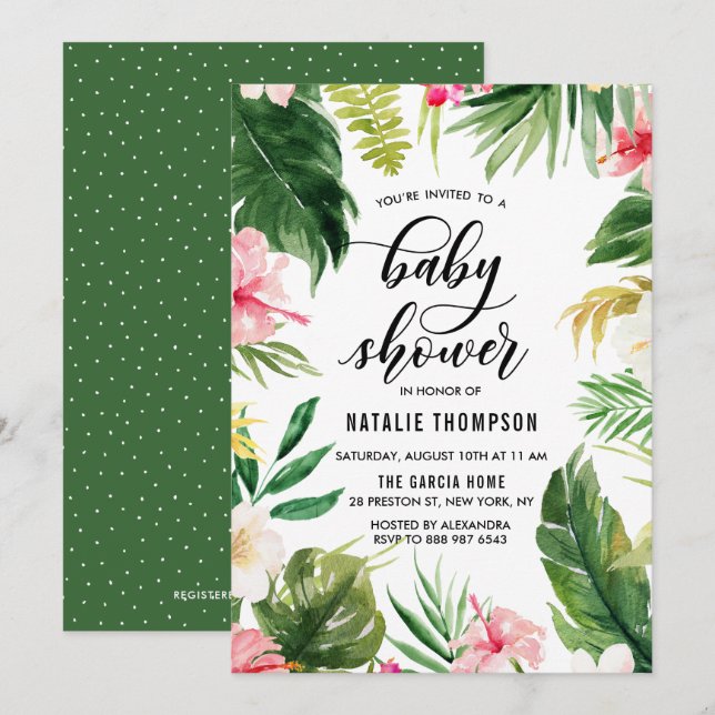 Invitation Aquarelle Tropical Floral Frame Baby shower (Devant / Derrière)