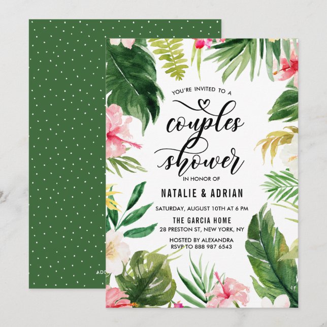 Invitation Aquarelle Tropical Floral Frame Couples Douche (Devant / Derrière)
