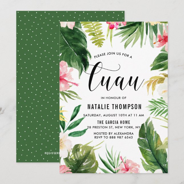 Invitation Aquarelle Tropical Floral Frame Luau (Devant / Derrière)