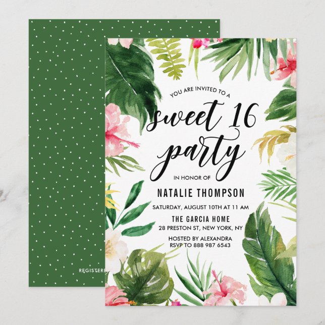 Invitation Aquarelle Tropical Floral Frame Sweet 16 Party (Devant / Derrière)