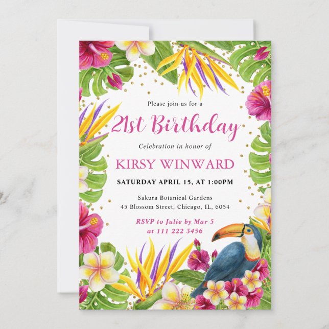 Invitation Aquarelle Tropical Floral Frame Toucan Anniversair (Devant)
