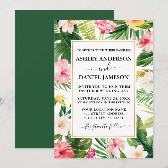 Invitation Aquarelle Tropical Floral Gold Frame Mariage (Devant / Derrière)