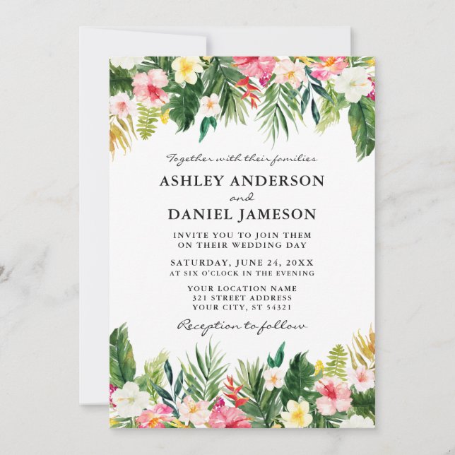 Invitation Aquarelle Tropical Floral Mariage (Devant)