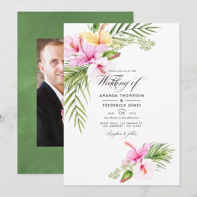 Invitation Aquarelle Tropical Floral Photo Mariage (Devant / Derrière)