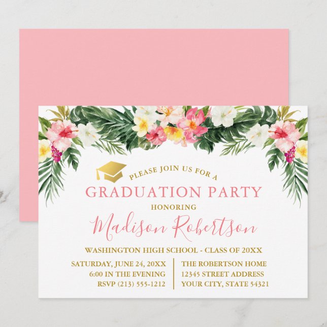 Invitation Aquarelle Tropical Floral Rose Gold Grad Party (Devant / Derrière)