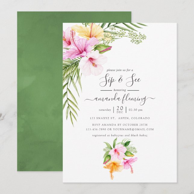 Invitation Aquarelle Tropical Floral Sip et voir (Devant / Derrière)