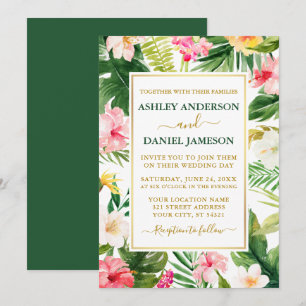 Invitation Aquarelle Tropical Floral Vert Mariage or