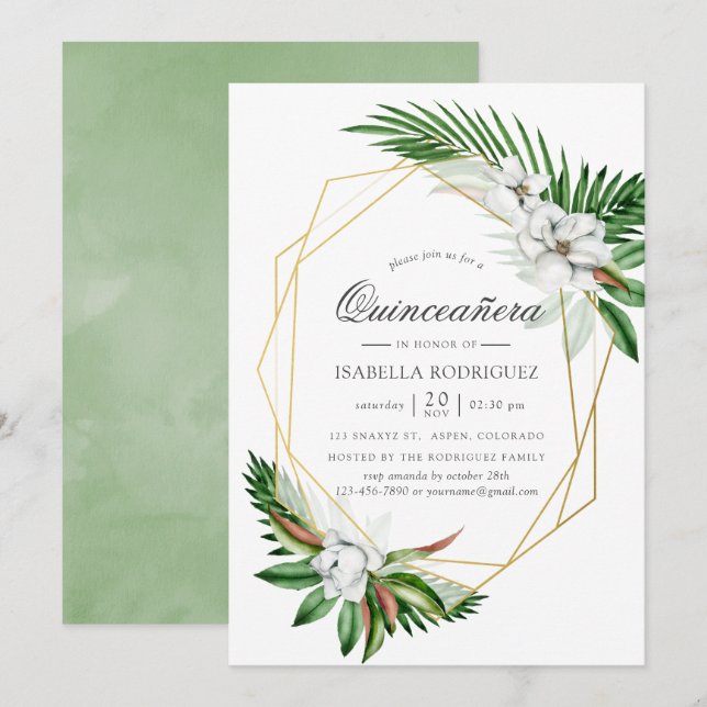 Invitation Aquarelle Tropical Greenery Géométrique Quinceañer (Devant / Derrière)