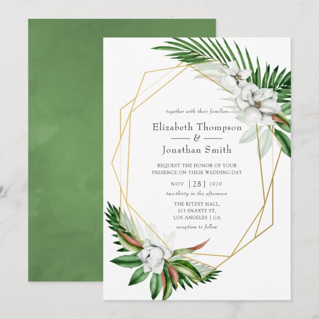 Invitation Aquarelle Tropical Greenery Mariage géométrique (Devant / Derrière)