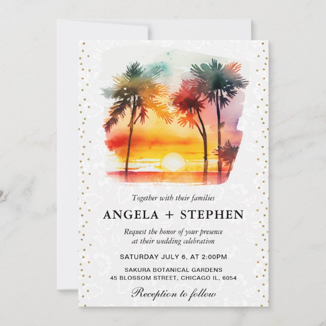 Invitation Aquarelle Tropical Island Sunset Mariage (Devant)
