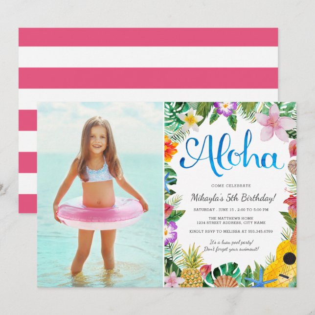 Invitation Aquarelle Tropical Luau | Photo Anniversaire (Devant / Derrière)