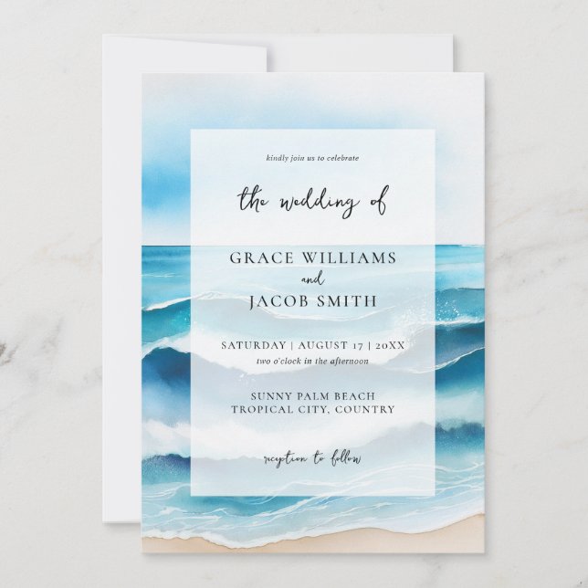 Invitation Aquarelle Tropical Ocean Beach Mariage (Devant)