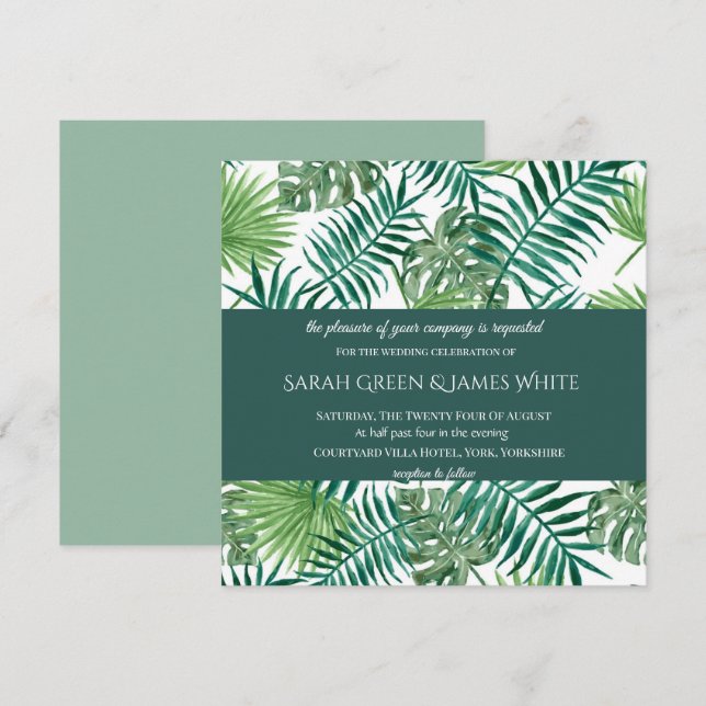 Invitation Aquarelle Tropical Palm Carré (Devant / Derrière)