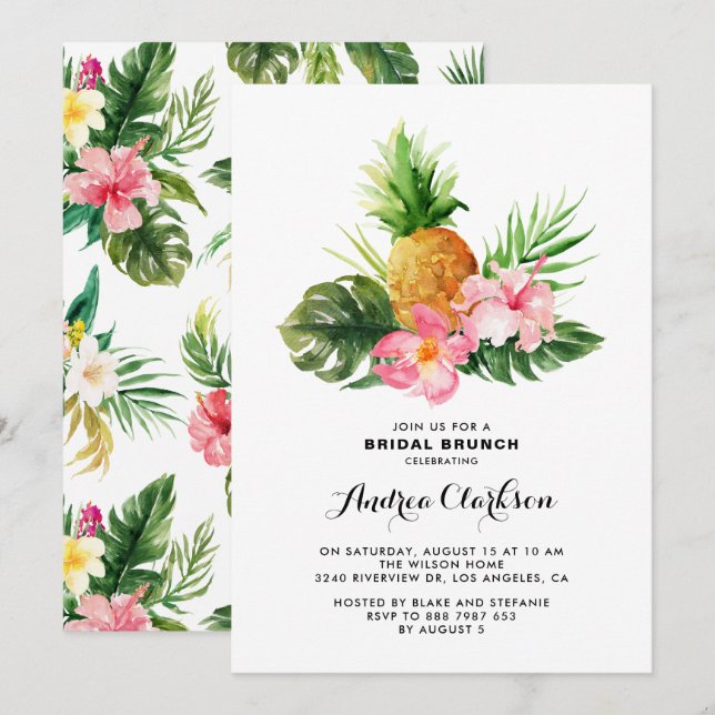 Invitation Aquarelle tropicale Ananas Floral Bridal Brunch (Devant / Derrière)