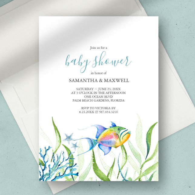 Invitation Aquarelle tropicale Baby shower garçon (Boy Baby Shower Tropical Watercolor Invitation are and design by Victoria Grigaliunas )