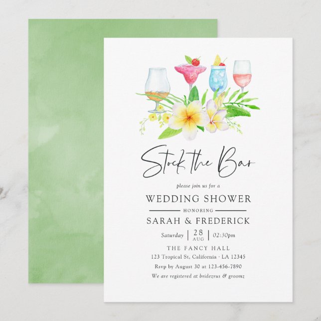 Invitation Aquarelle tropicale exotique Floral Stock du bar (Devant / Derrière)