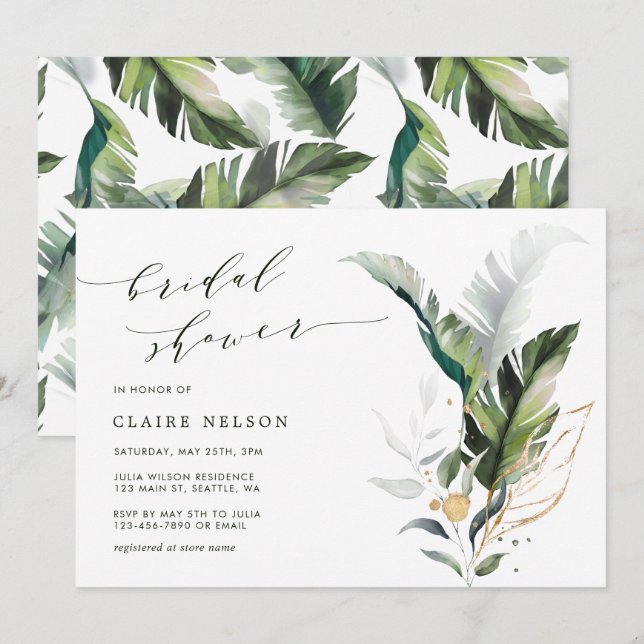 Invitation Aquarelle tropicale Fête des mariées Feuille verte (Devant / Derrière)