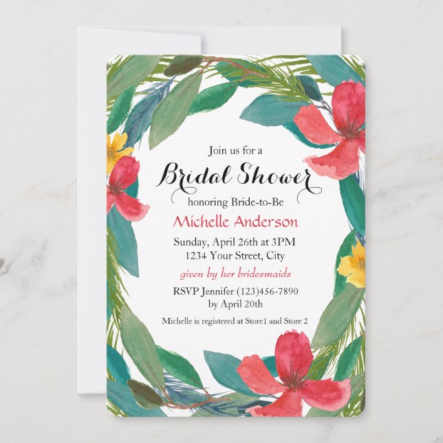 Invitation Aquarelle tropicale Fête des mariées florale (Devant)