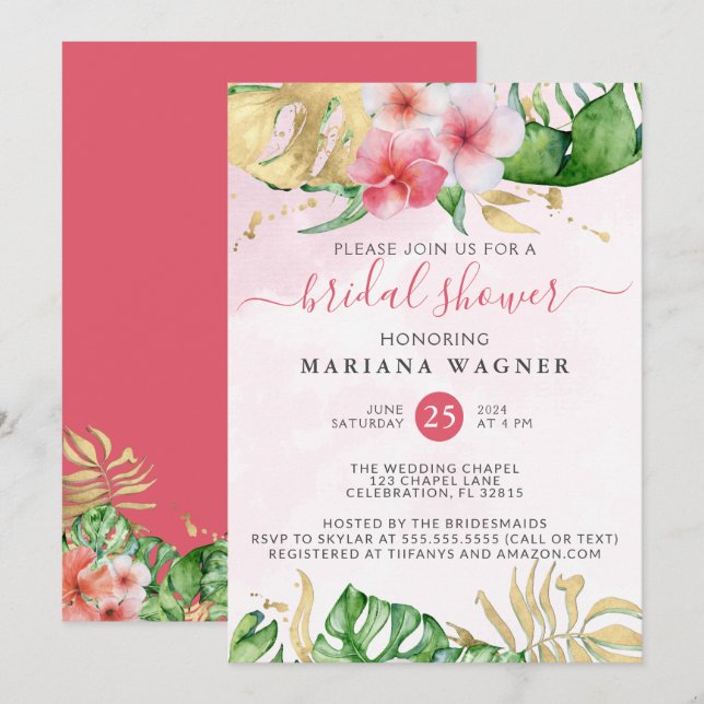 Invitation Aquarelle tropicale Fête des mariées florale (Devant / Derrière)