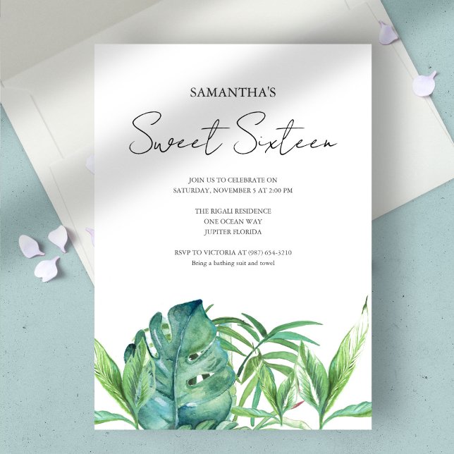 Invitation Aquarelle tropicale Feuille 16e anniversaire (birthday party sweet 16 tropical luau green monstera palm leaves)