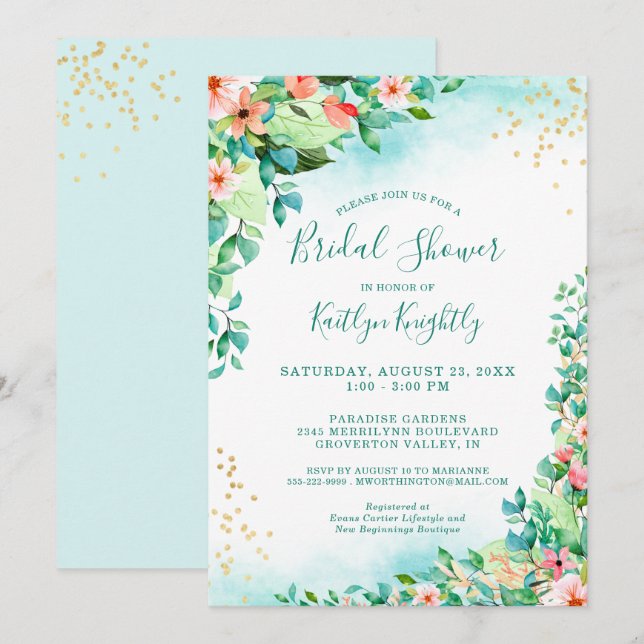Invitation Aquarelle tropicale Florale Fête des mariées moder (Devant / Derrière)