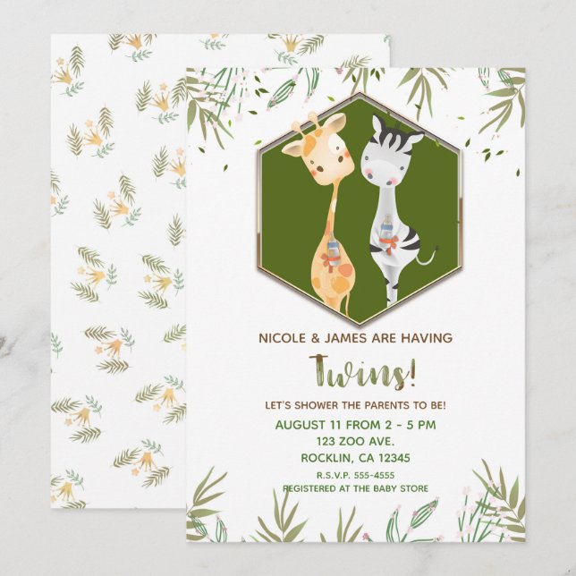 Invitation Aquarelle tropicale Giraffe & Baby shower Zèbre (Devant / Derrière)