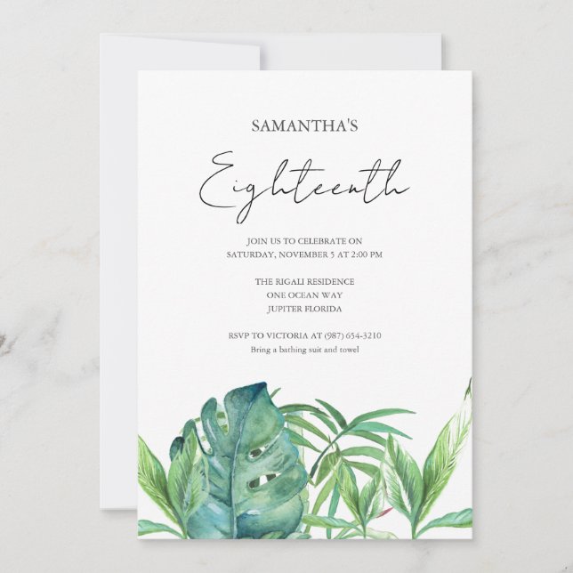 Invitation Aquarelle tropicale Luau 18e anniversaire (Devant)