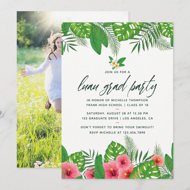 Invitation Aquarelle tropicale Luau Graduation Party Photo (Devant / Derrière)