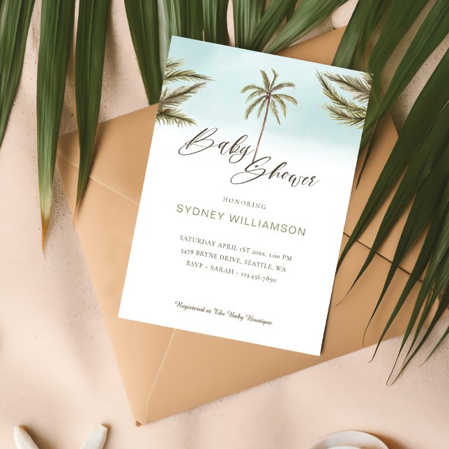 Invitation Aquarelle tropicale minimale Baby shower de palmie (Minimal Tropical Watercolor Palm Trees Baby Shower Invitation)