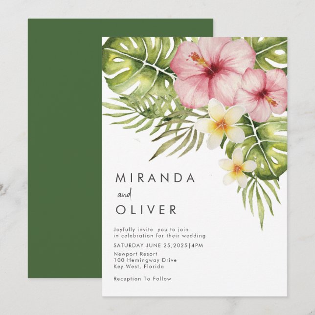 Invitation Aquarelle tropicale moderne Mariage floral (Devant / Derrière)